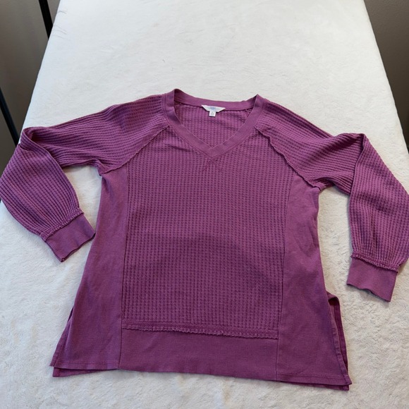 Time and Tru Tops - Time and Tru Waffle Knit Top Womens S Purple Good V-Neck Long Sleeve Thermal
